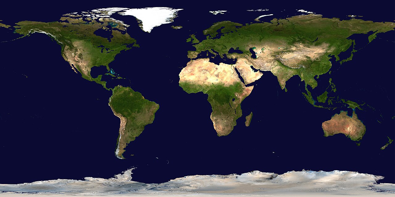 Composición satelital de la superficie terrestre con los continentes y los océanos.